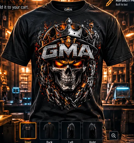 GMA Supply Co. — Collect the Crew: the six trade mascots — drywall, carpentry, electrical, roofing, masonry and landscaping — standing in a row on a construction site at sunset. Different trades. Same mentality.